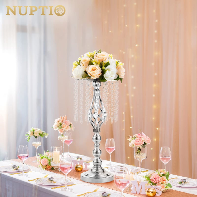 NUPTIO 2 Pcs 19.3 inches Tall Crystal Flower Stand Wedding Road Lead Tall Flower Holders Centerpiece Crystal Flower Chandelier Metal Flower Vase for Reception Tables Wedding Supplies - Image 3